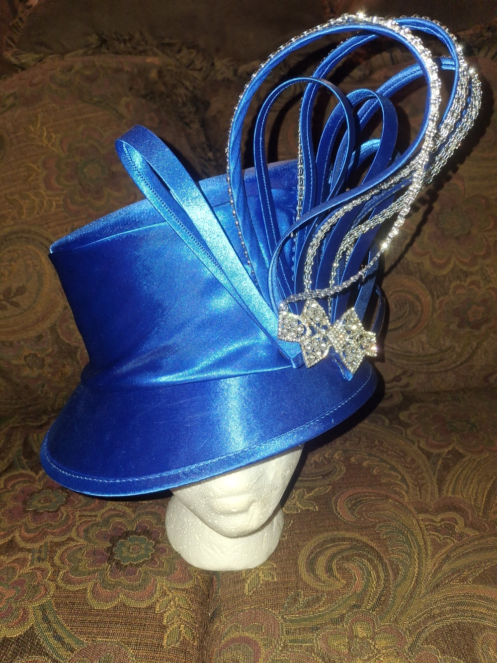 ASHRO Elegant Royal Blue Satin Women’s Dress Hat with Crystal Accents